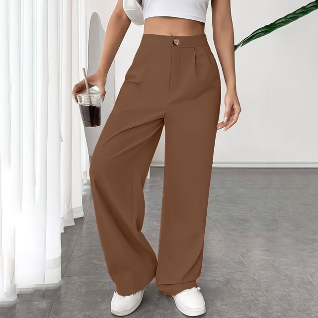 TIMIFIS Women's Suit Pants Straight Solid Wide Leg Long Pants Causal High Waisted Button Zipper Business Work Trousers