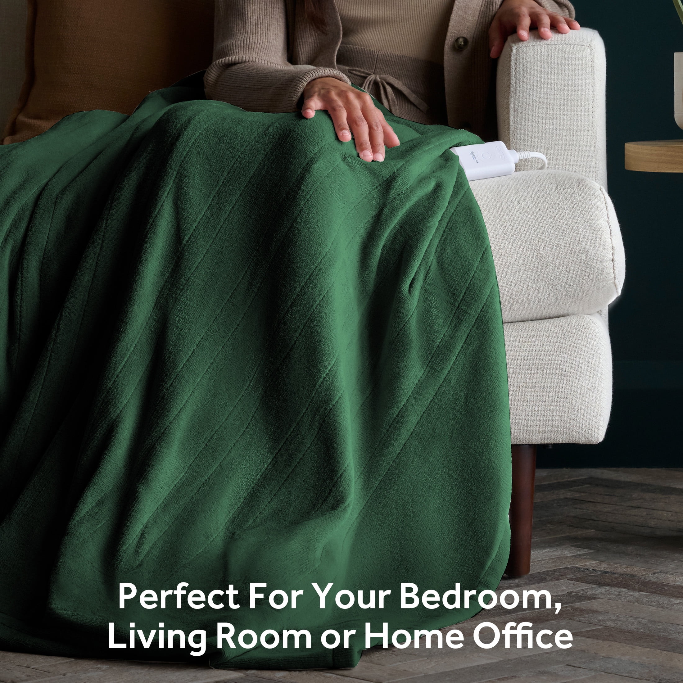 Sunbeam Throw Pine Green Microplush, 4 Heat Settings, 4-Hour Auto Shut-Off, Electric Heated Blanket, 50” x 60”