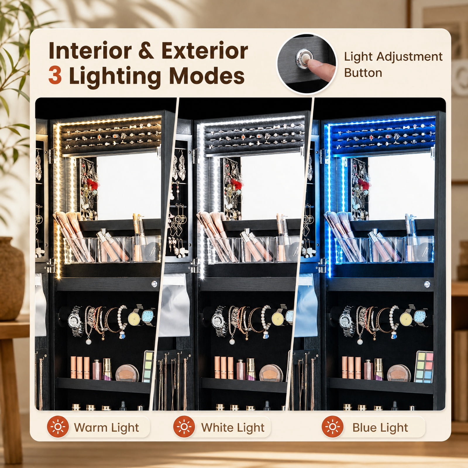 Furnibear 42.5 Inches Lockable Jewelry Mirror Wall Cabinet with 3-Color LED Lights for Bedroom Dressing Room Jewelry Necklace Rings Storage, Black