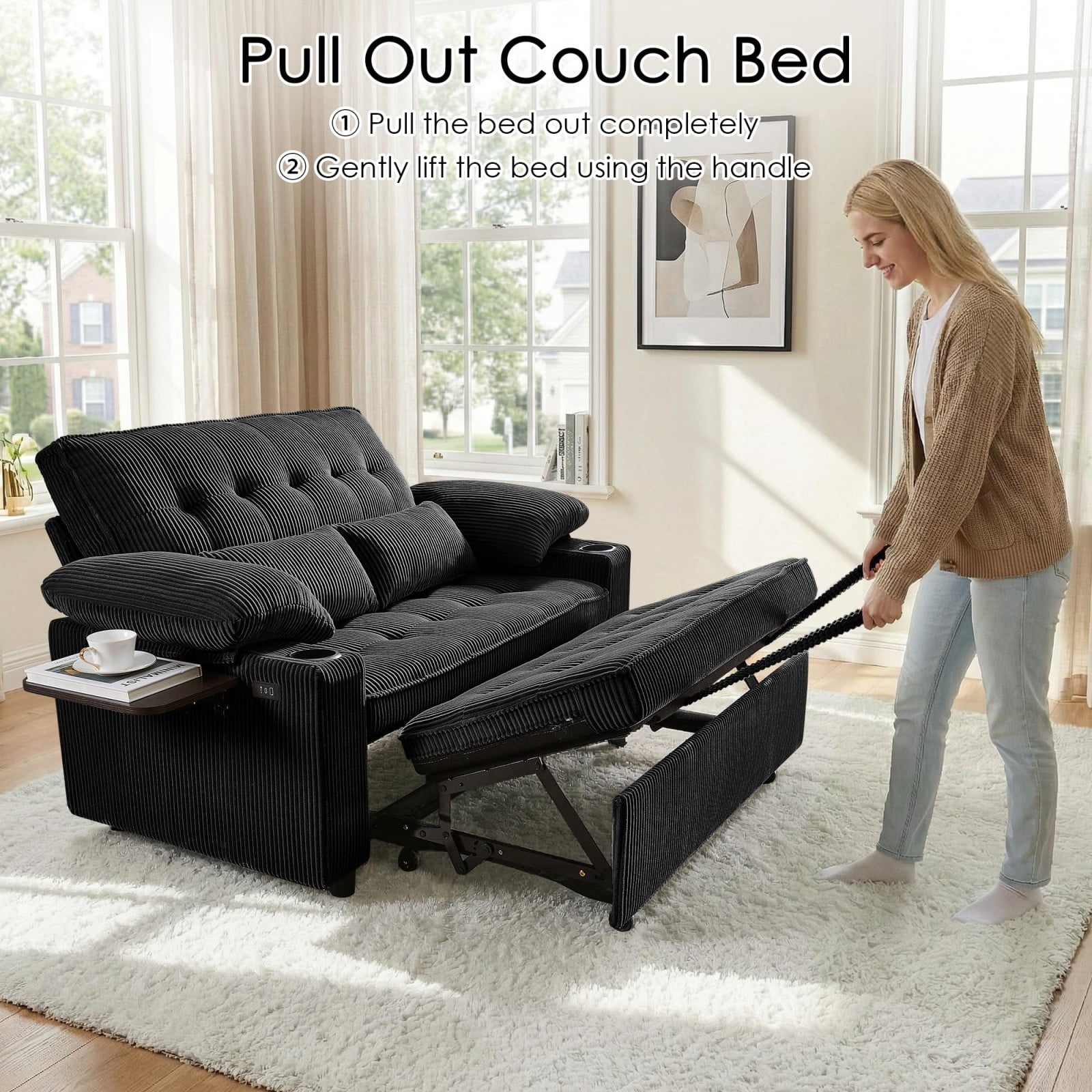 58" Sleeper Sofa Bed, Convertible Pull Out Couch Full Size Loveseat with Corduroy Fabric, USB Charging, Adjustable Backrest for Living Room Apartment Office, Black