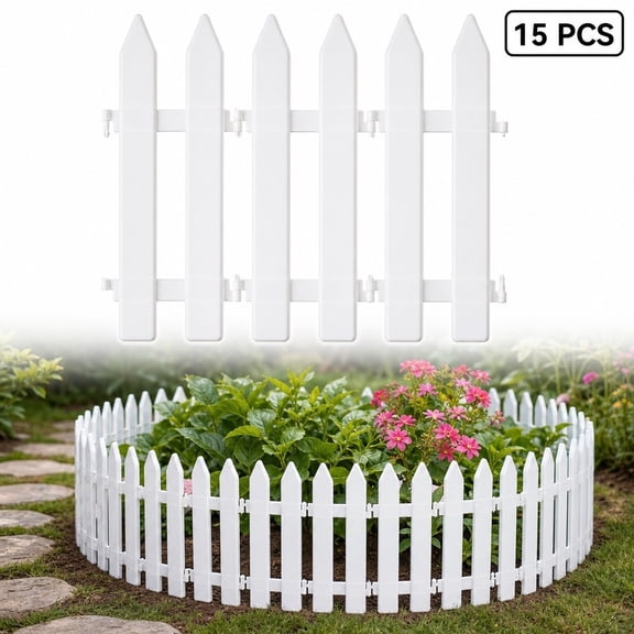 Picket Fence, 15 Pack White Plastic Garden Border Panel with Connectable Joint for Lawn, Flower Bed, Pathway, Christmas Village