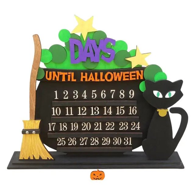 Calendario de Adviento de Halloween para niños, adorno de madera para escoba de gato, cuenta atrás, decoración de escritorio bonita