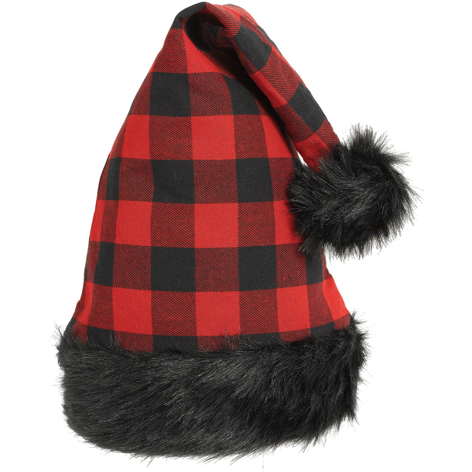 Christmas Holiday Santa Hat Red & Black Buffalo Plaid With Fur 
