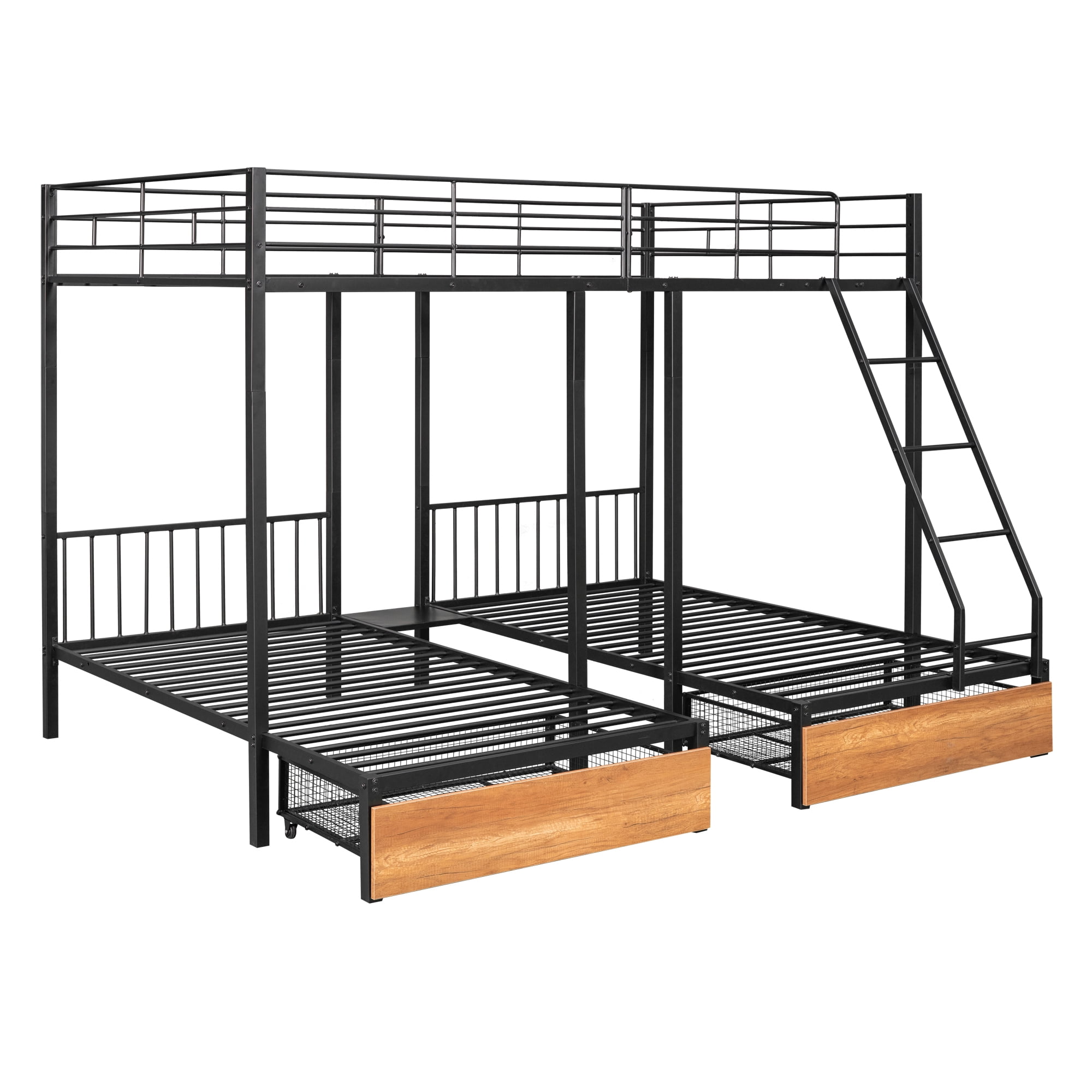 Mintazer Full Over Twin Over Twin Size Bunk Bed Frame with 2 Storage Drawers & Side Ladder, Triple Metal Bunk Bed with Guardrail, Can Be Split Into 3 Separate Beds, No Box Spring Needed, Black
