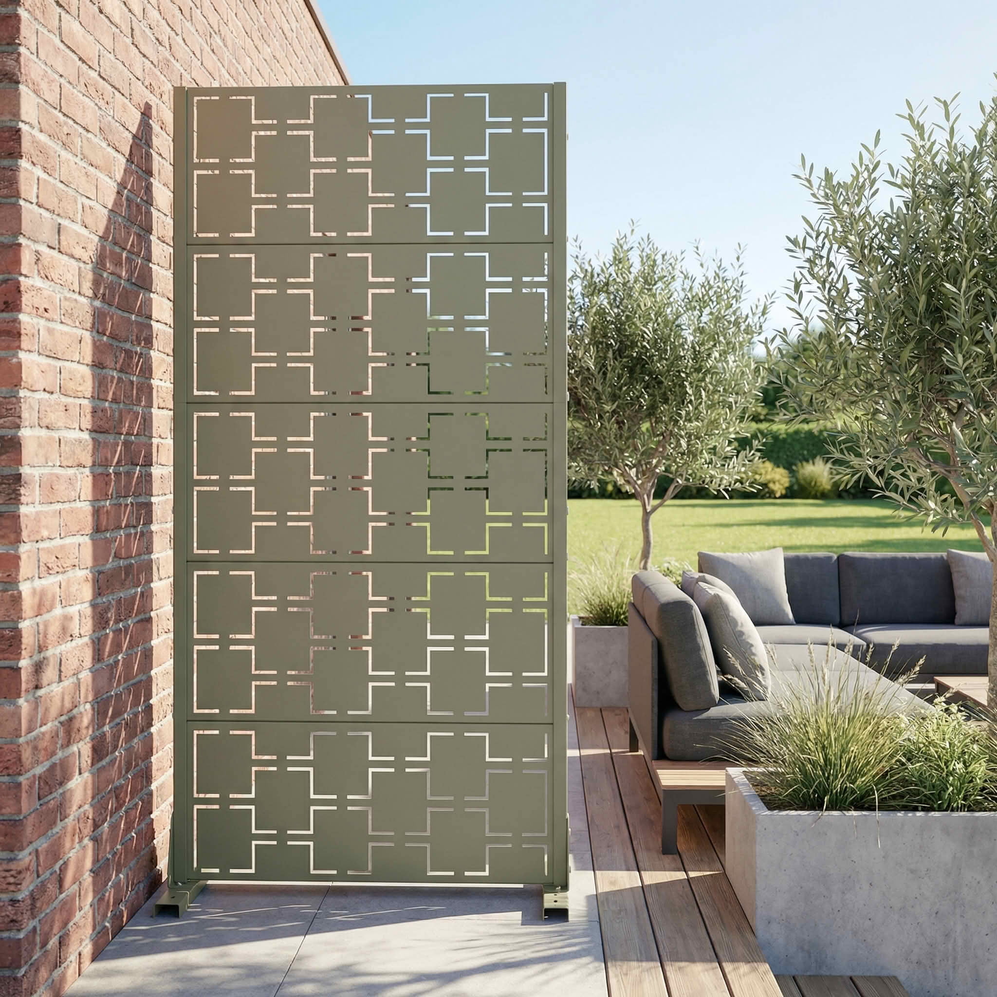 MAYEERTY 59x30x16 Inch Olive Gray Galvanized Steel Privacy Screen, 5 Piece Set for Outdoor Garden