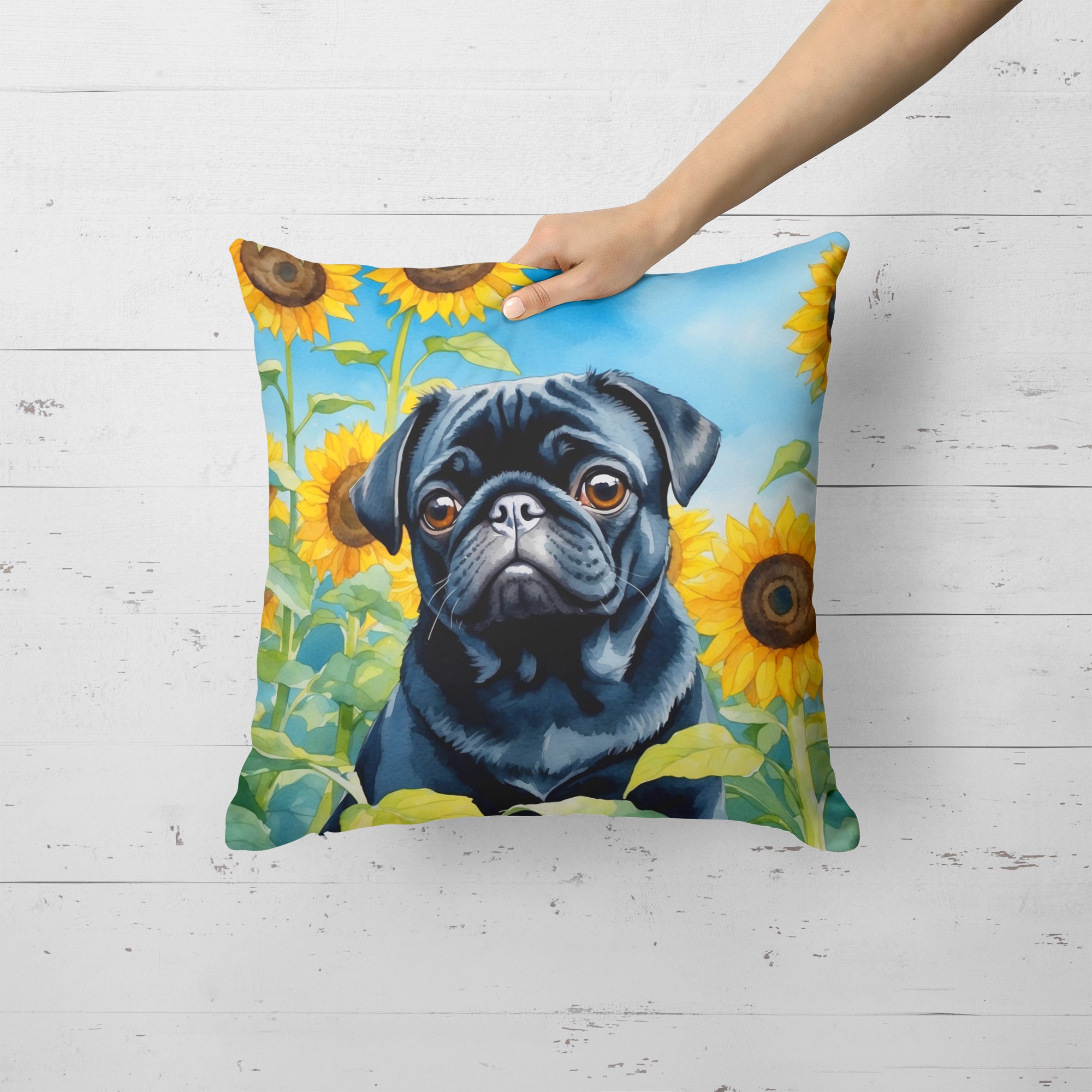 Pug in Sunflowers Throw Pillow 18 in x 18 in