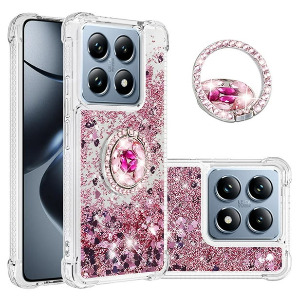 Funda para Xiaomi 14T 5G con Brillo Líquido Flotante, Purpurina, Parachoques y Anillo Giratorio Soporte