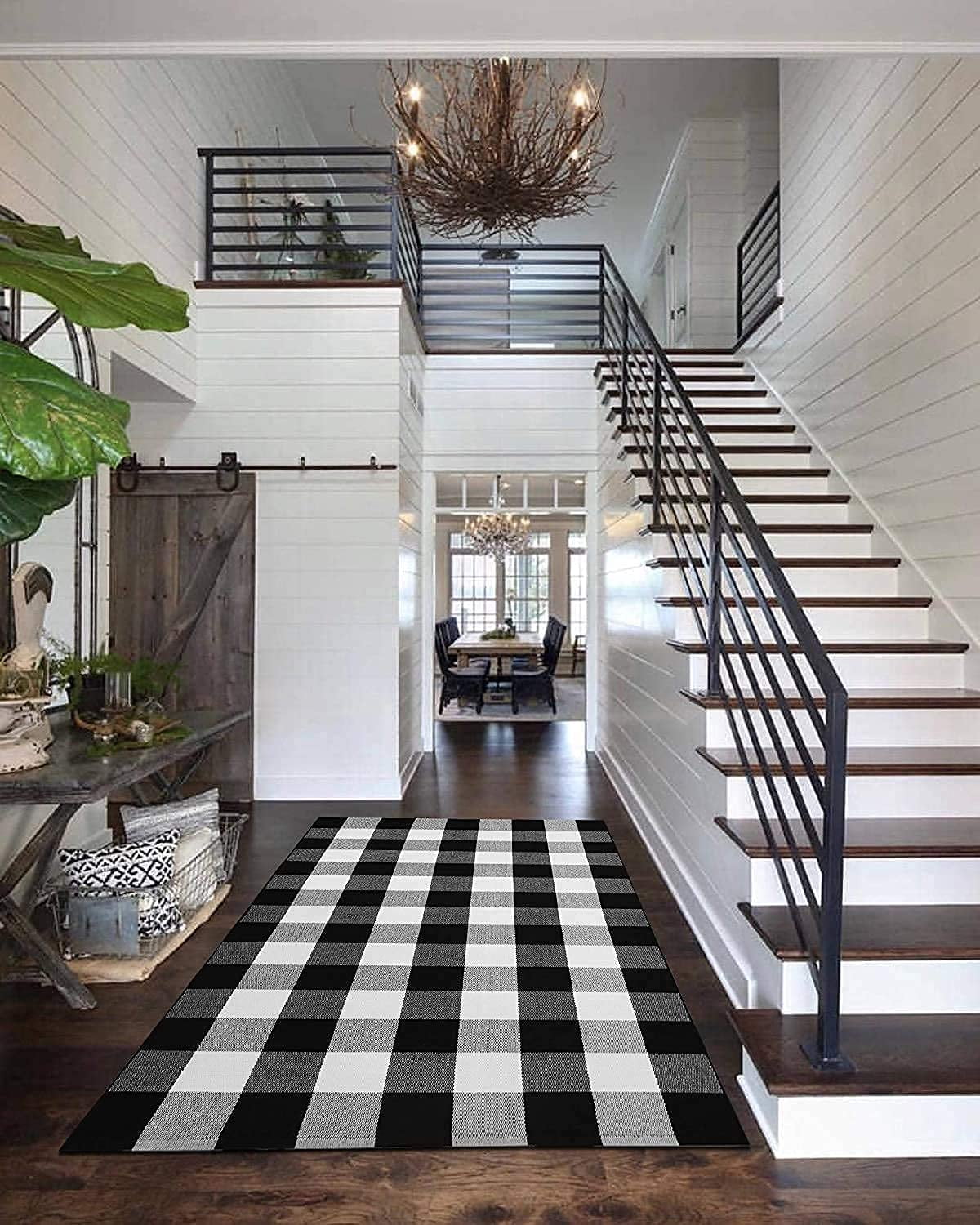 Sanmadrola Buffalo Plaid Outdoor Rug 4'x 6', Cotton Hand-Woven Checkered Door Mat, Reversible Foldable Washable Outdoor Rug Stripe for Layered Door Mats Porch/Front Door