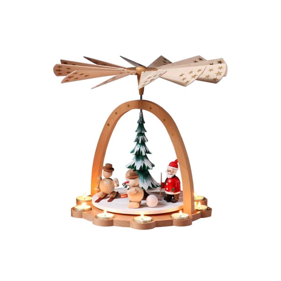 16" Richard Glaesser Skiing Santa and Snowmen Christmas Pyramid Tea Light Candle Holder