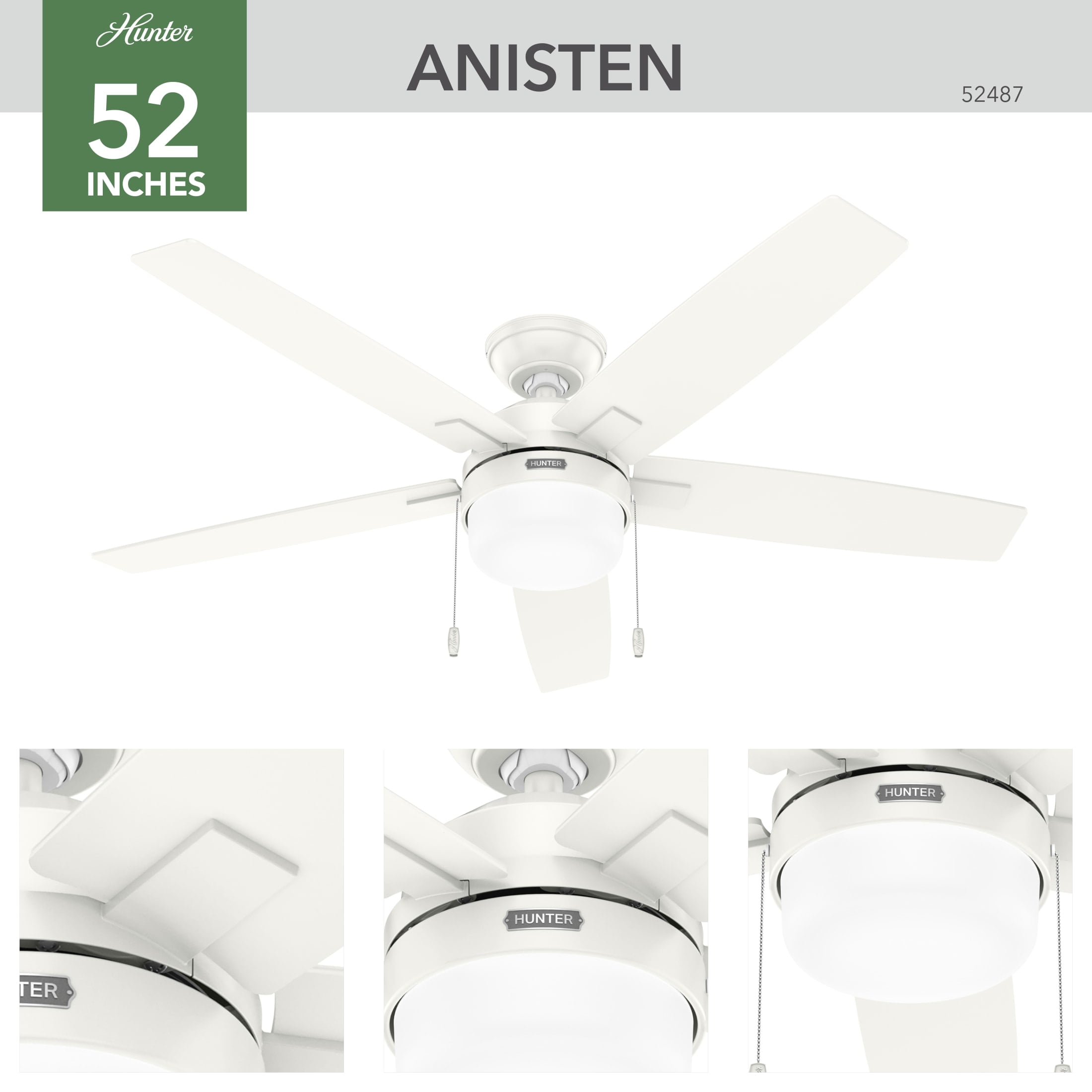 Hunter 52 inch Indoor Ceiling Fan with LED Light - White Ceiling Fan with Pull Chain, For Bedroom or Living Room, Standard Mount, No Remote, 5 Blades, Includes Bulbs - Anisten 52487, Fresh White