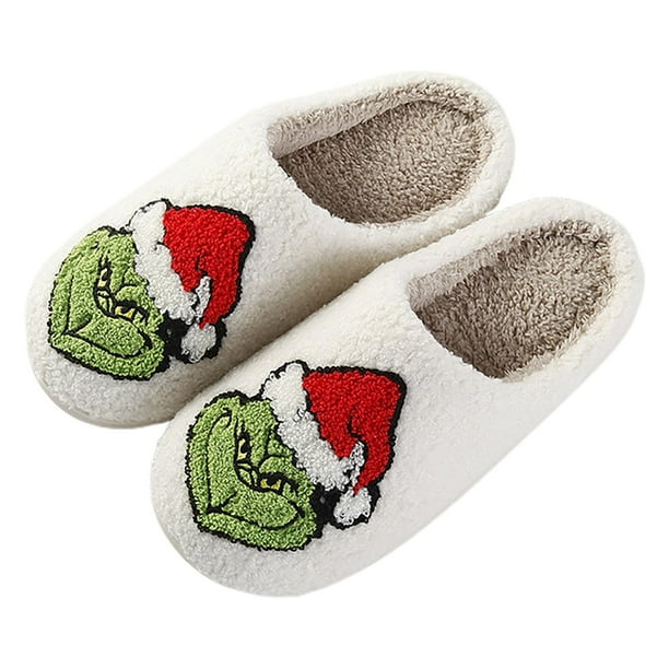 Christmas Grinch Ornaments Cotton Slippers Warm Home Cute Soft Plush House Slippers Grinch Slippers, Size:41