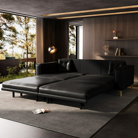 CKEASEAN 92.1'' King Pull Out Sofa Bed, Comfy 3-in-1 Convertible Sleeper Sofa, Faux Leather Futon Couch with Tufted Back, 2 Pillow, Metal Legs, Modern Deep Seat Couch for Living Room, Apartment