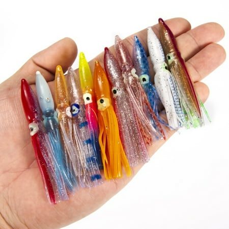 Octopus Squid Fishing Lure Skirts- 10pcs 8cm Saltwater Trolling Fishing Lures Soft Plastic Octopus Bait Squid Skirt Fake Lure Bionic Soft Bait for Outdoor Fishing