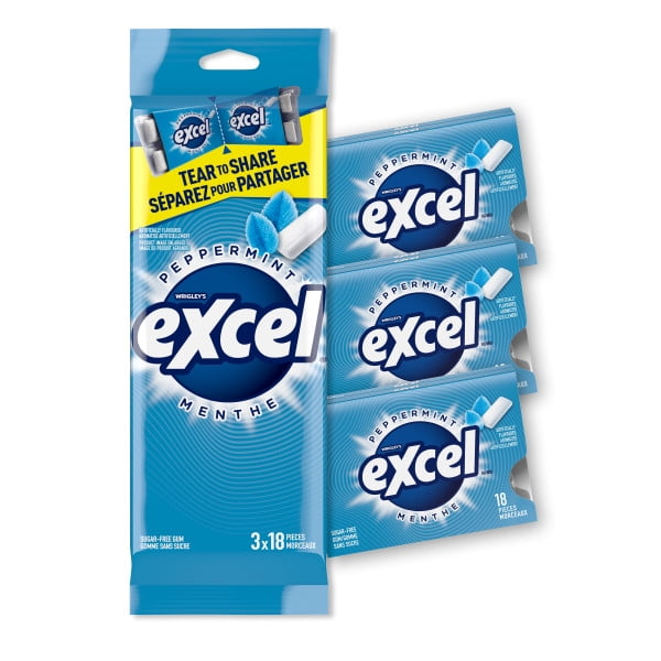 EXCEL, Peppermint Flavoured Sugar Free Chewing Gum, 18 Pieces, 3 Packs