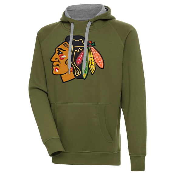Men's Antigua Olive Chicago Blackhawks Victory Pullover Hoodie