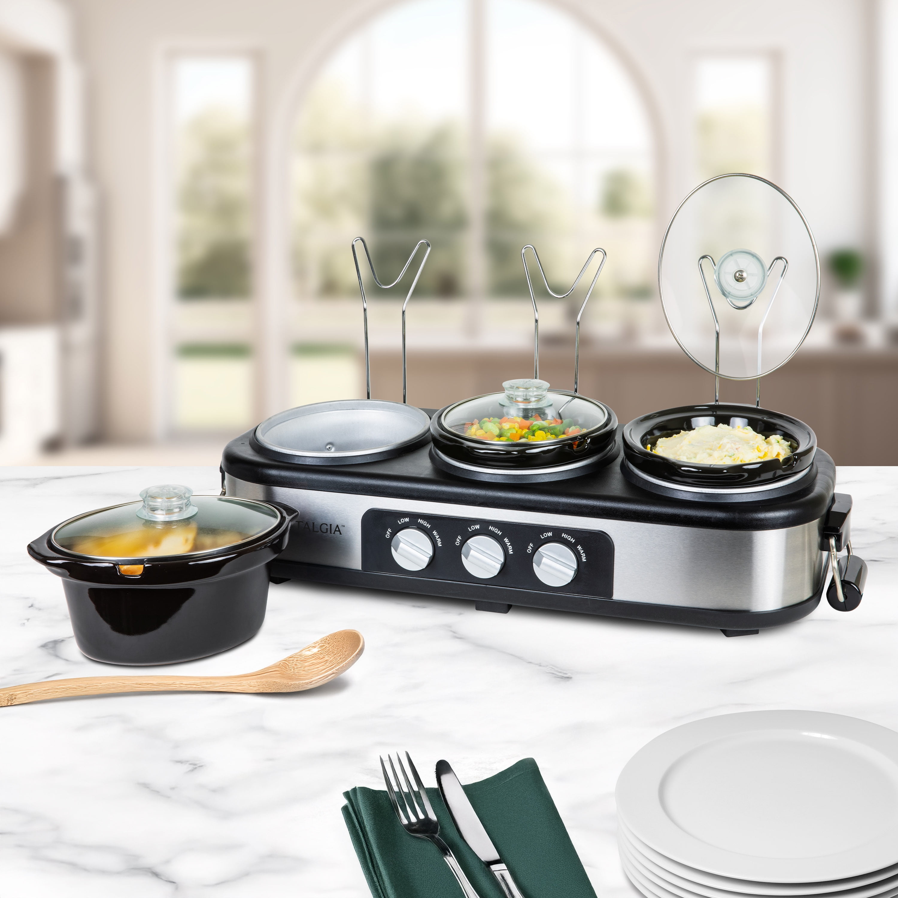 Nostalgia 1.5 qt Triple Slow Cooker, 3 Crock Pot Buffet Server with Removable Ceramic Pots, Stainless Steel