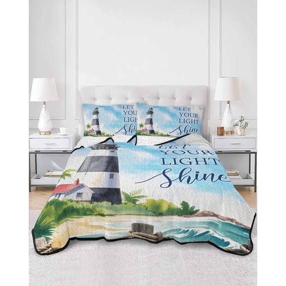 Quilts Queen Size, Lighthouse Soft Comforter Bedding Set for Bed, Blue Coastal Nautical Ocean Beach Palm Tree Lightweight Quilted Bedspread with Pillow Cover(2 Pieces) for All Season, 90x96 Inch