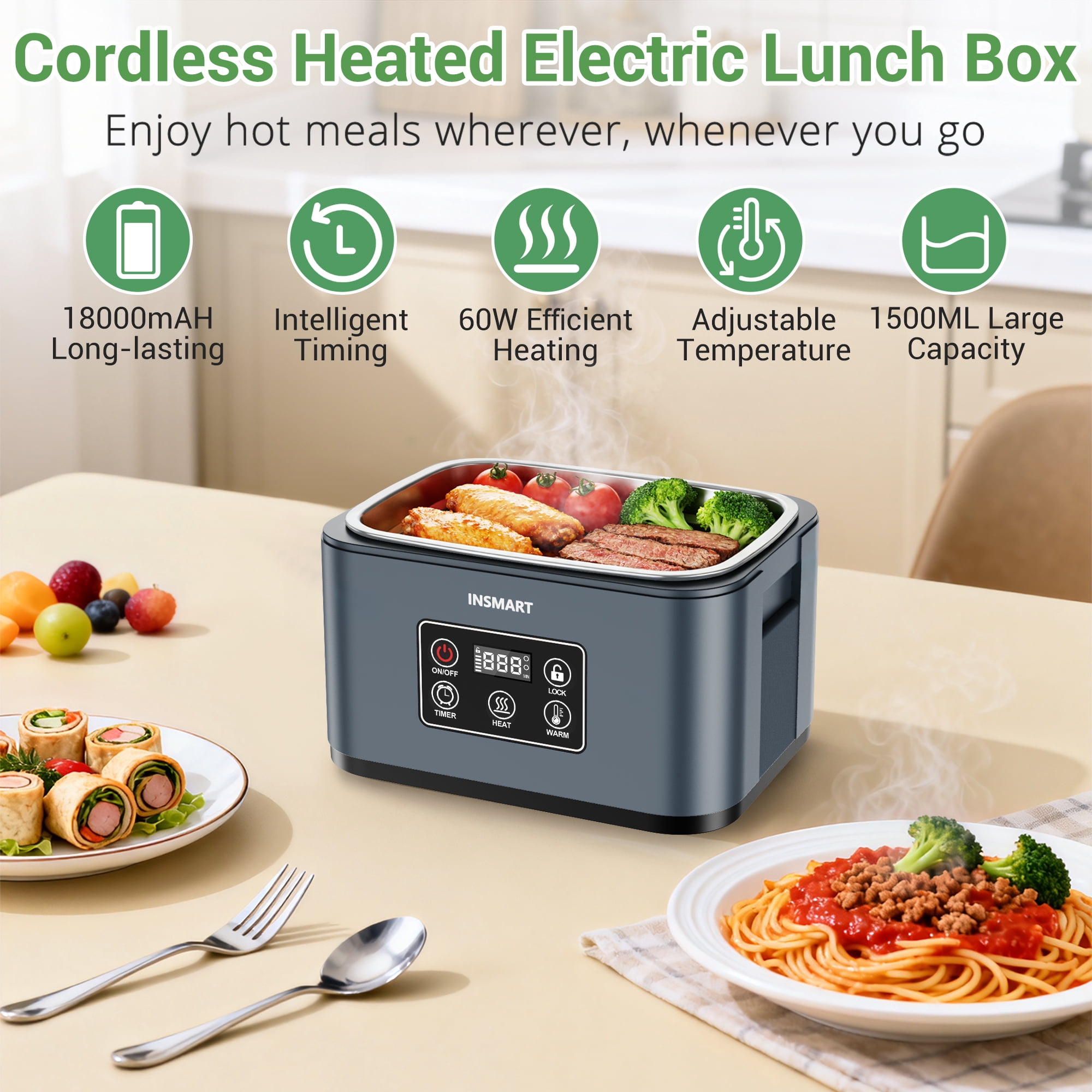 INSMART 6.3-Cup Cordless Electric Lunch Box for Adults, Heated Lunch Box for Men with Scheduled Heating, Portable Car Food Warmer with Utensils, 4D Closed-Loop Heating with No Cold Spots(Blue)