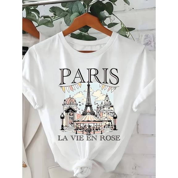 Elegant Women's Shirt, Paris Print T-shirt, Spring/summer Casual Short-sleeve Top, Fashionable Women's Round-neck T-shirt