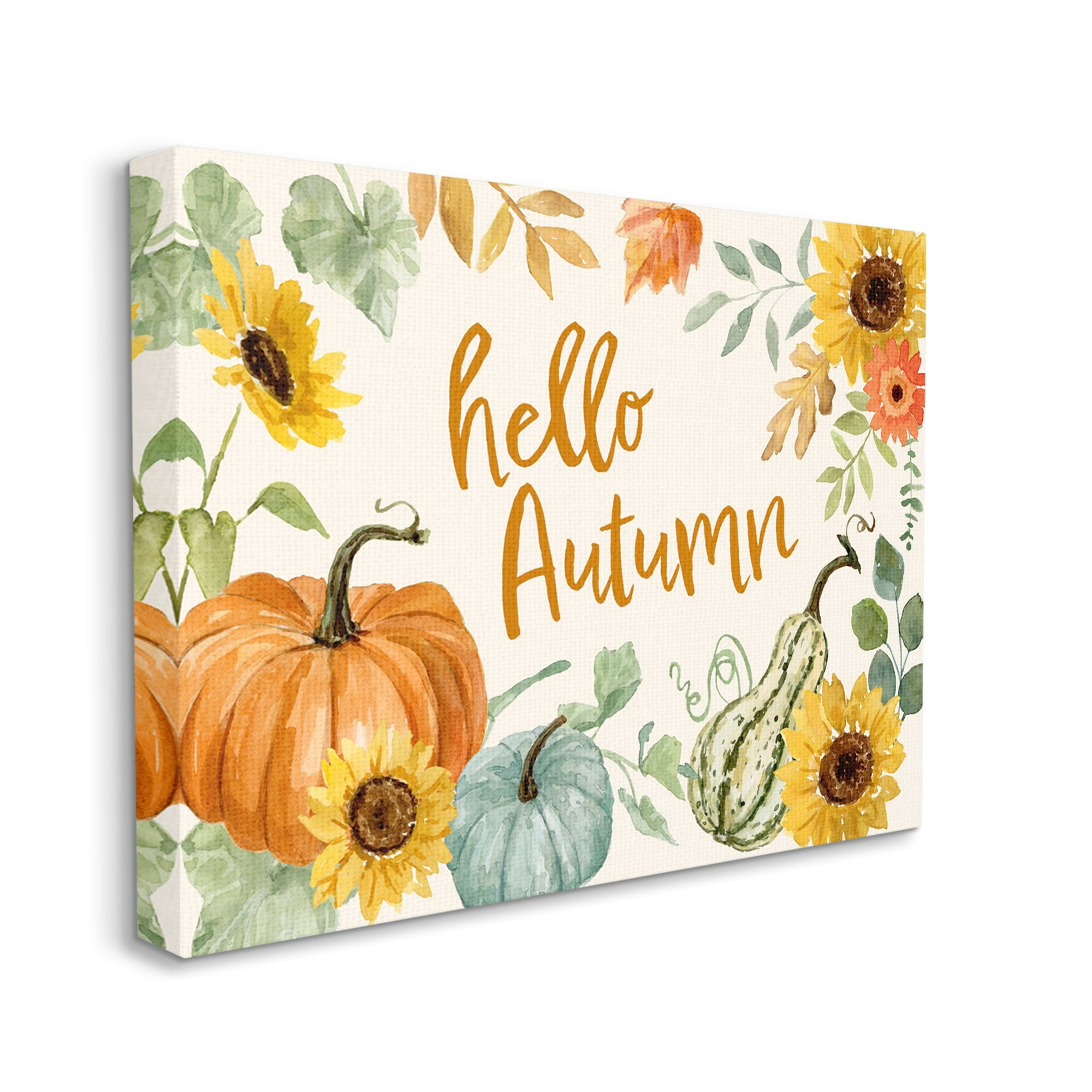 Hello Autumn Orange Calligraphy Fall Plants Border Botanical & Floral Graphic Art Gallery-Wrapped Canvas Print Wall Art