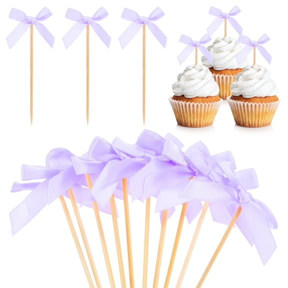 Uxcell 60-Pack Bow Cupcake Toppers, Ribbon Bow Cake Toppers Bowknot Cupcake Picks Birthday Cake Decor for Bridal Shower [Purple]