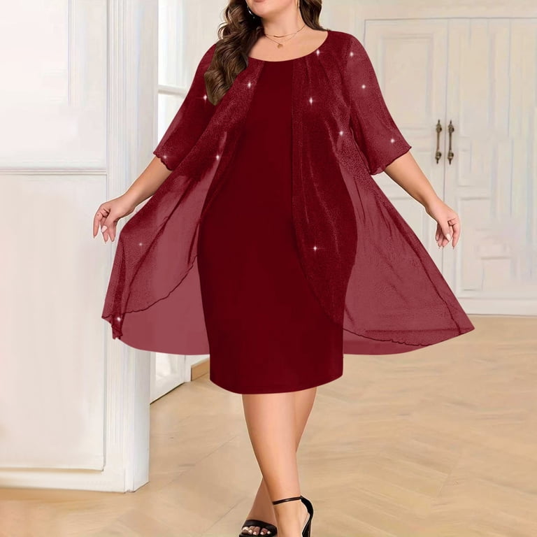 short dress with long chiffon overlay Plus Size Women's Sparkle Chiffon Overlay Mini Dress 2 in 1 Round Neck Short  Sleeve Loose Shift Dress Wedding Guest Cocktail Party Dress Pink