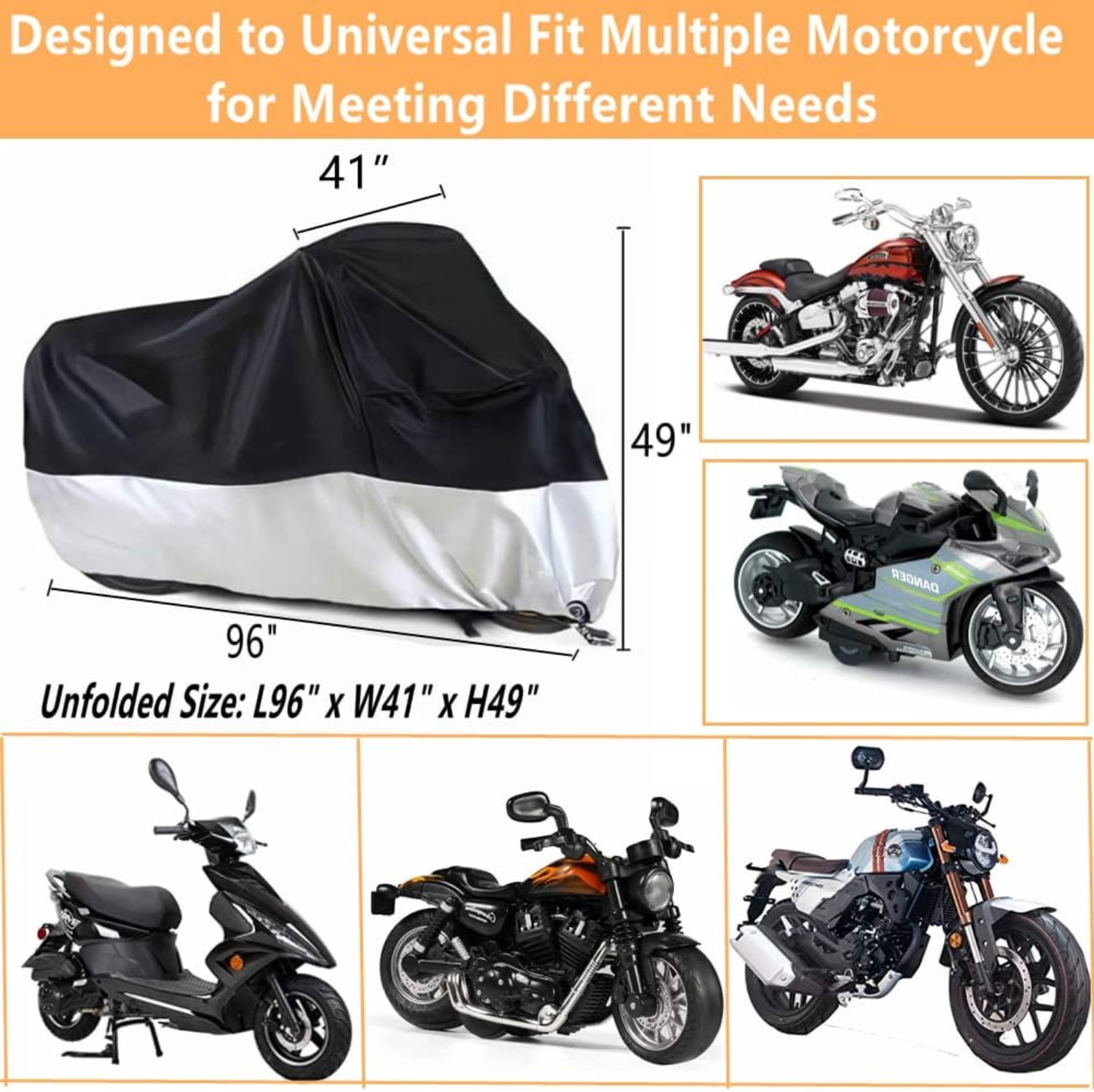 Motorcycle Covers, Outdoor Waterproof Motorbike Covers with Lock-Holes & Storage Bag, Fits up to 96" Motorcycles