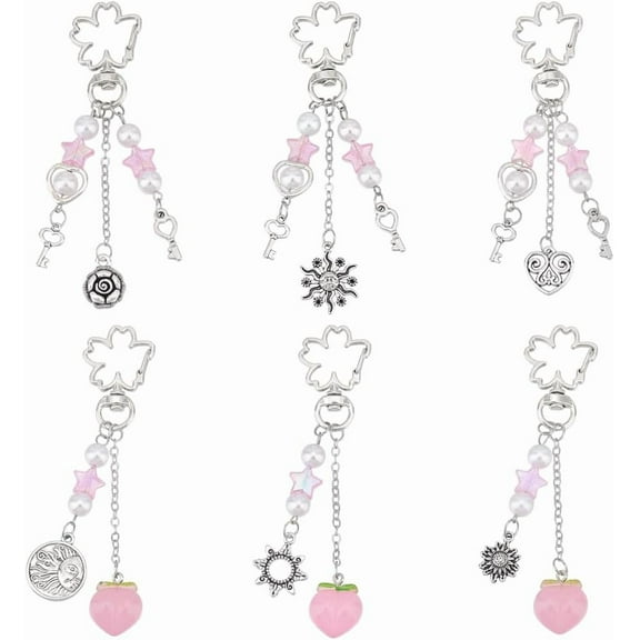 6 Styles Keychain Cute Charms Sun Cherry Blossom Peach Star Pearls Keychain Charm for Women Bag Purse Accessories Jewelry Gifts for Thanksgiving Christmas DIY