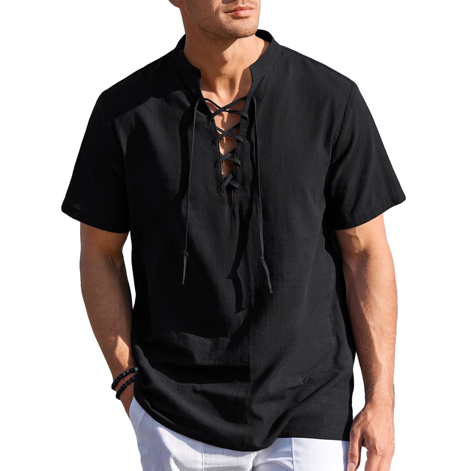 JURANMO Men's Cotton Linen Shirts V Neck Vintage Lace Up Tie Short