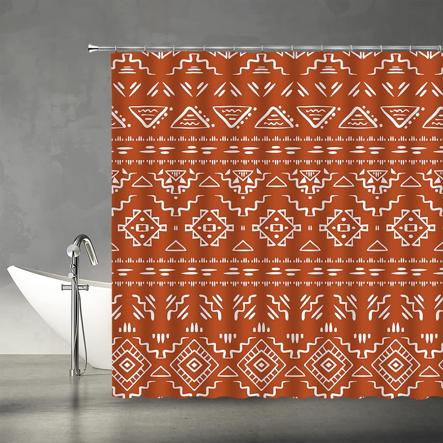 Boho Geometric Shower Curtain Orange Modern Farmhouse Tribal Retro Western Aztec Abstract Mid Century Art Fabric Bathroom Curtains Decor Set with Hook(72" WX72 H)