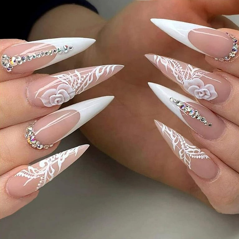 StilettoPress on Nails Long with 3D Rhinestones Designs White Butterfly  False Fake Nails Acrylic Nails Press On Artificial Nails for Women Stick on  Nails With Glue on nails 