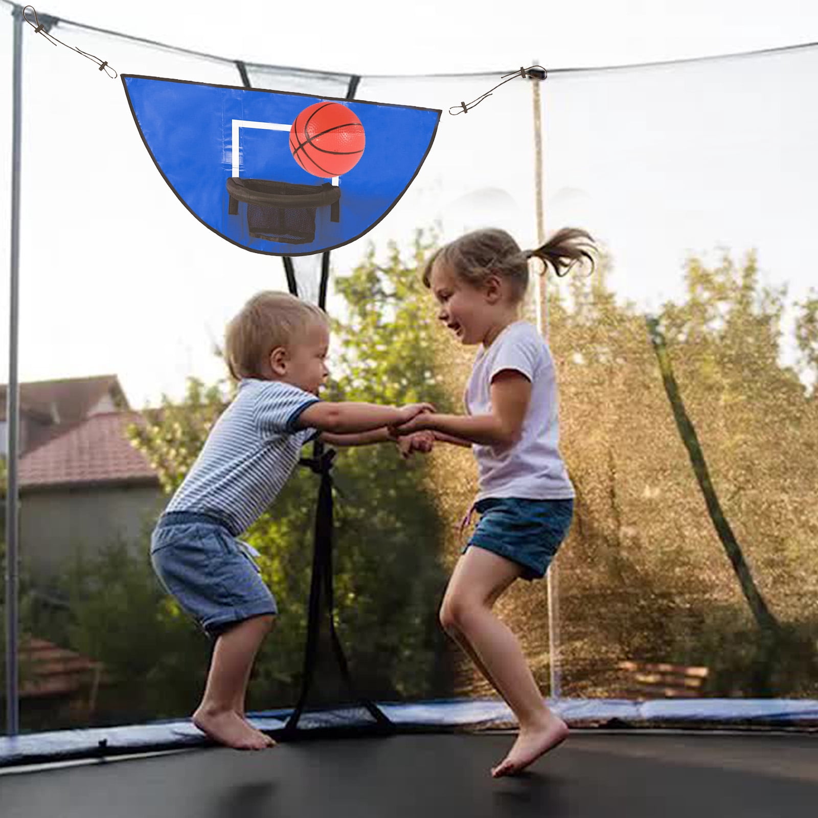 Trampoline Basketball Hoop with 3 Mini Basketball, Pump and Adjustable Length Drawstring, Waterproof Universal Basketball Hoop for Trampoline