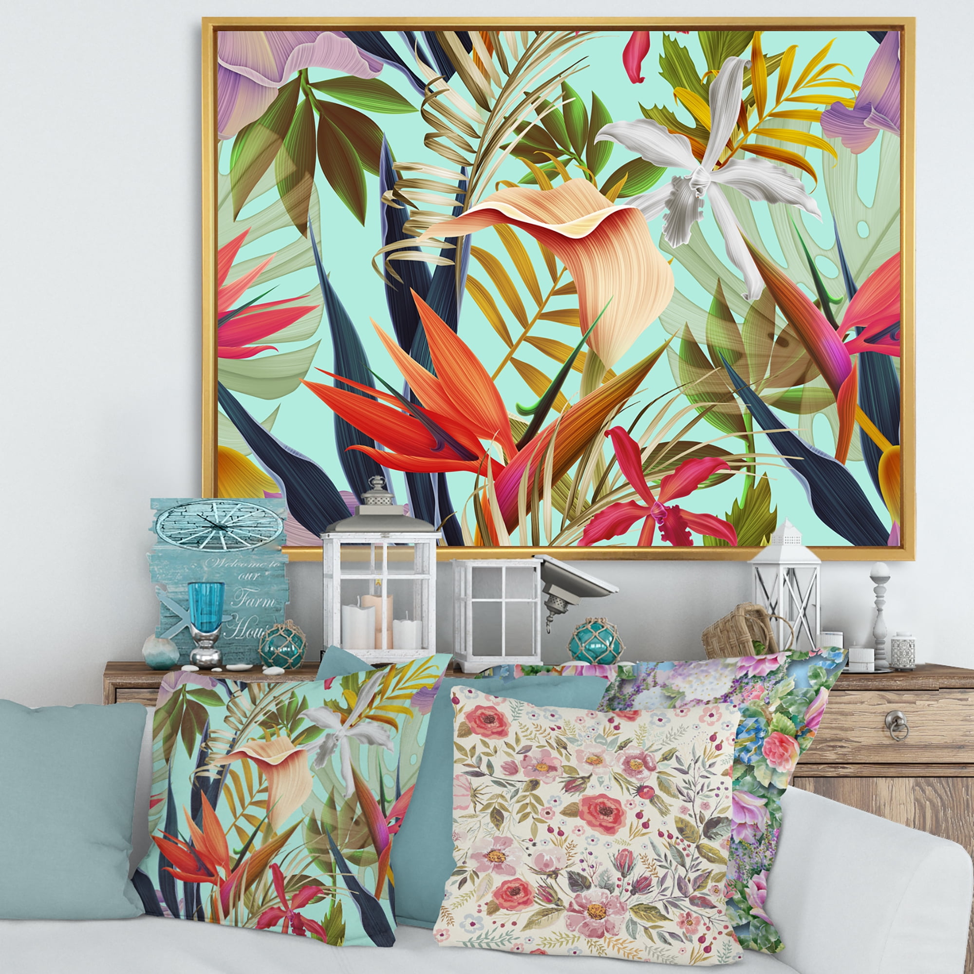 VIntage Tropical Flowers II 40 in x 30 in Framed Painting Canvas Art Print, by Designart