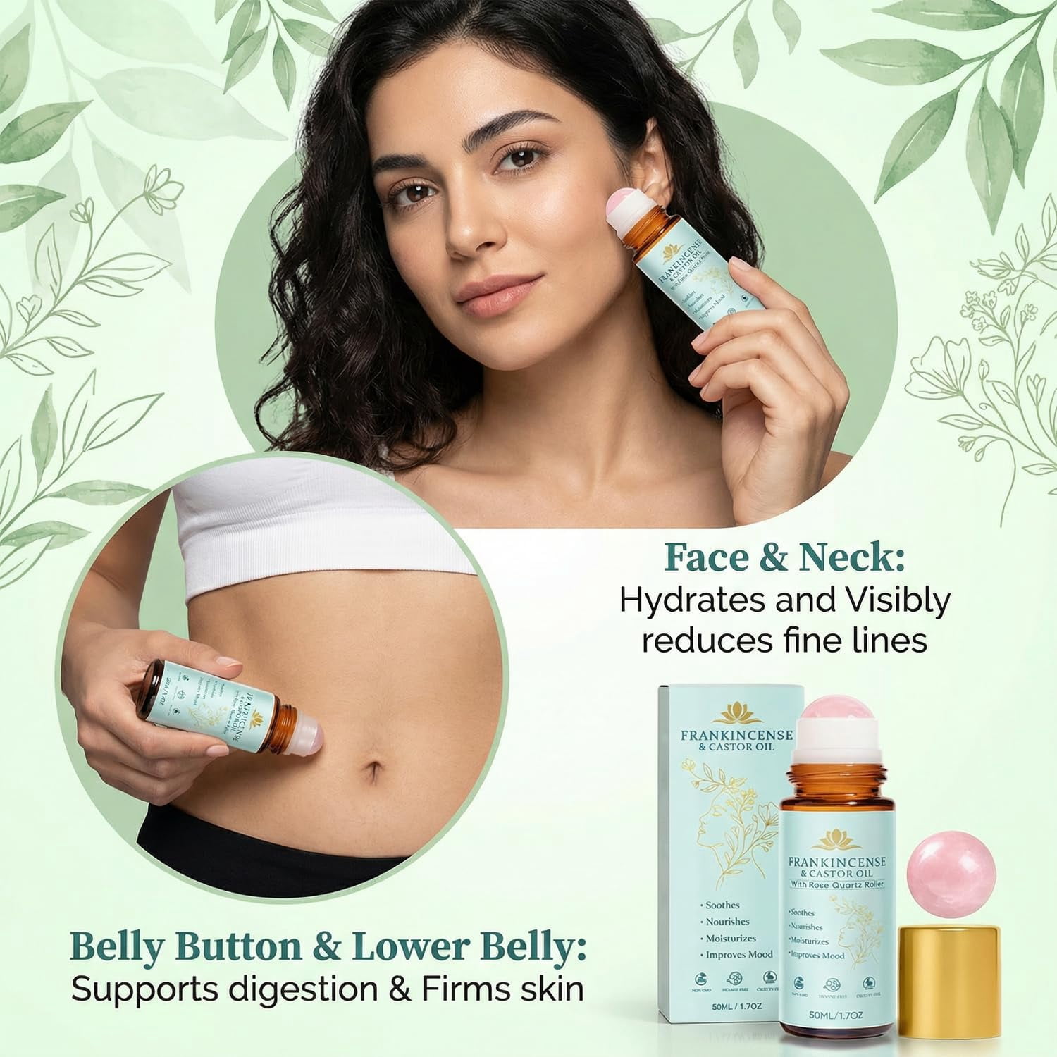 Castor Oil and Frankincense Roll On – Rose Quartz Roller Bottle, Organic Cold Pressed Castor Oil for Eyebrows, Face & Neck – Firms Skin, Feels Soft & Smooth, Brightens Eyes (1PCS)