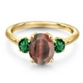 thumbnail image 3 of Gem Stone King 18K Yellow Gold Plated Silver Red Tiger Eye and Green Nano Emerald Engagement Ring for Women | 2.10 Cttw | Oval 9X7MM | Gemstone Birthstone | Size 9, 3 of 6