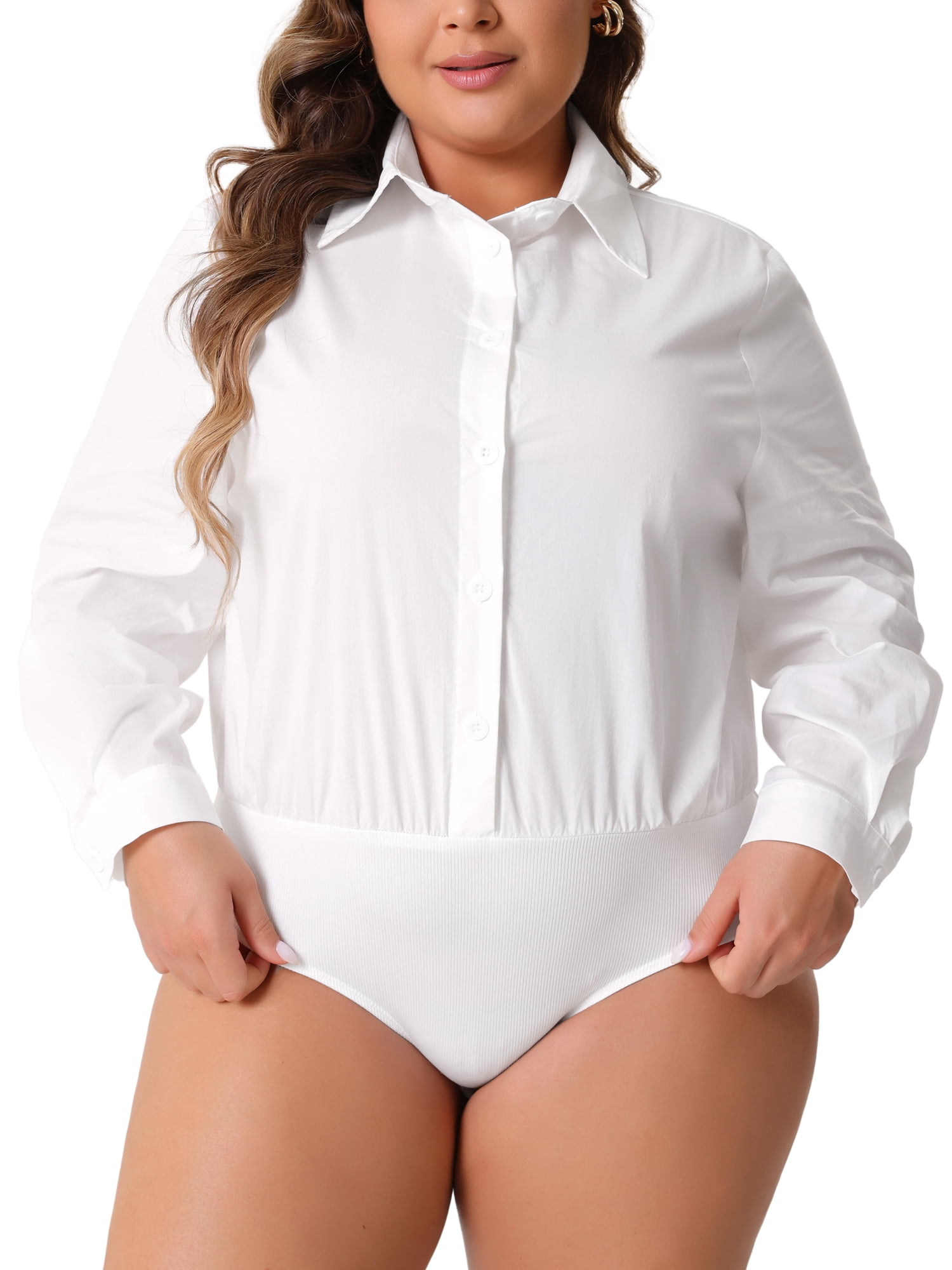 DARING DIVA Women's Plus Button Down Long Sleeve Blouse 1X White
