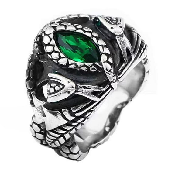 PAMTIER Men's Stainless Steel Vintage Domineering Ghost Devil's Eye Oval Cut Green Gemstone Snake Biker Ring Gothic Punk Style Silver Size 7