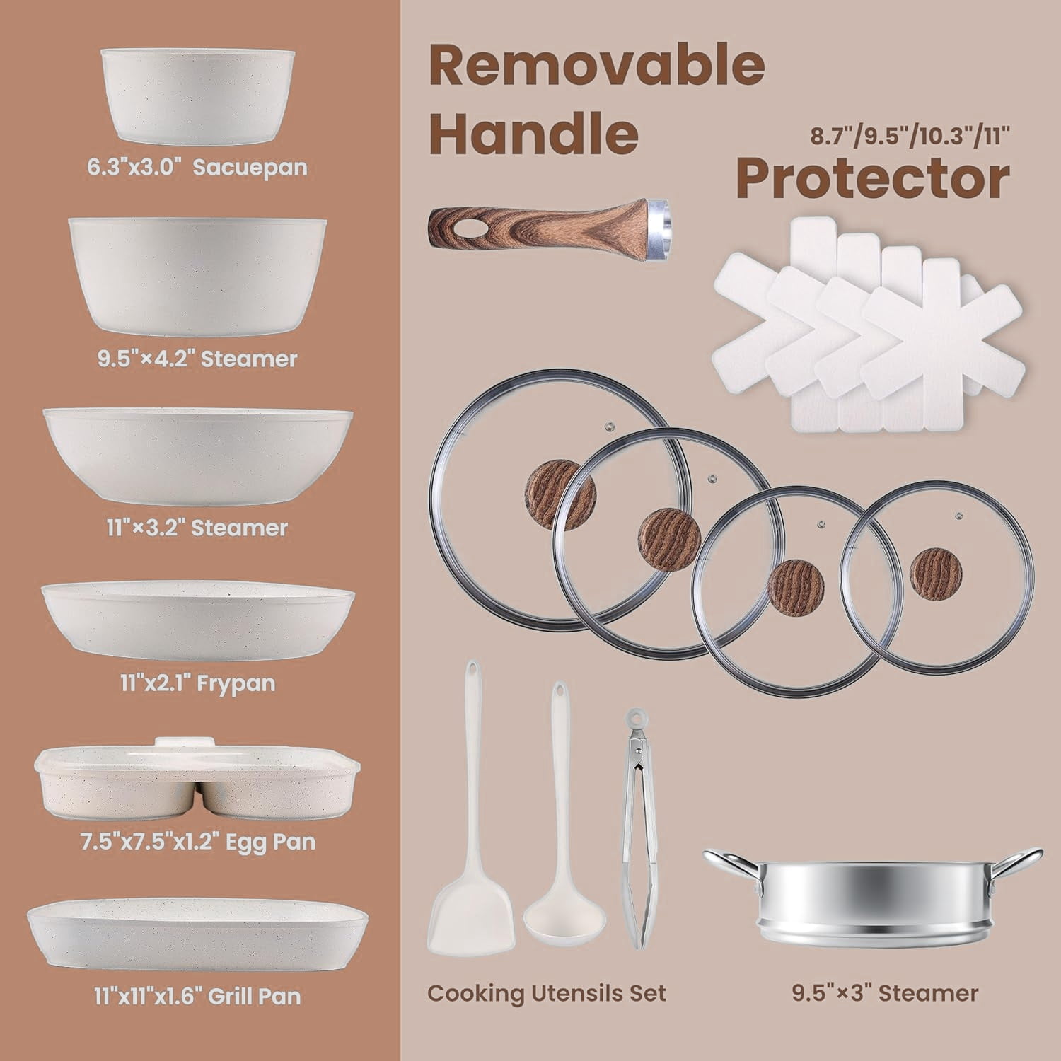 17pcs Pots and Pans Set, Nonstick and Non-Toxic Cookware Set with Stay-Cool Handles, Induction Compatible, Oven Safe, White