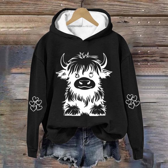 Women Cute Printed Sweatshirt Graphic Pullover Winter Warm Hooded Sweatshirts Blouses Tops Black XXXL