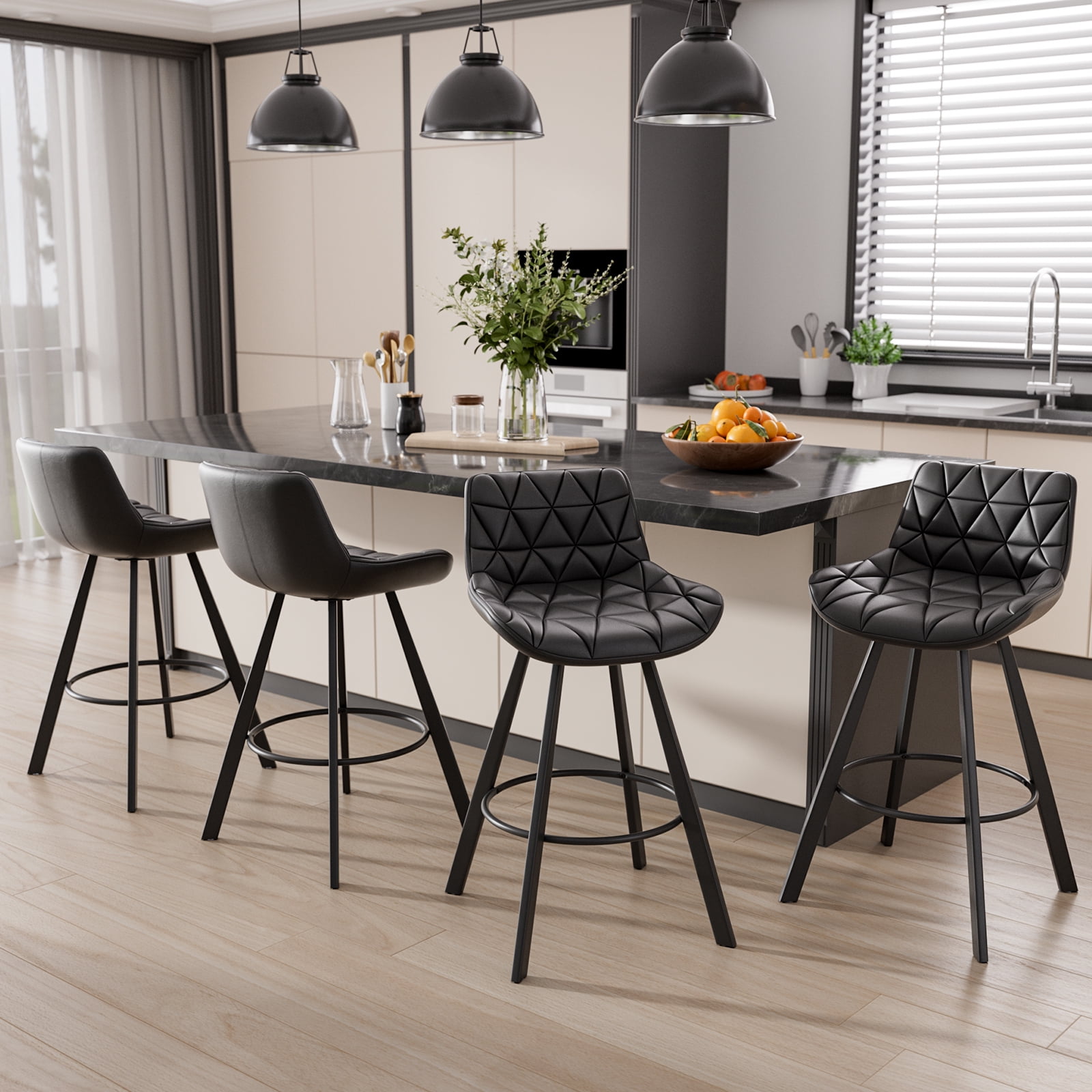 Genpo Bar Stools Set of 3, 26" Kitchen Counter Height Bar Stools with Back Metal Legs and Footrest, Black Leather Barstools for Kitchen Island