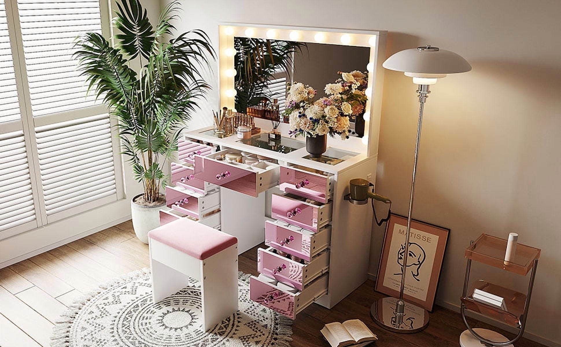 Mintazer Vanity Set with Hollywood Bulbs and Mirror, Dressing Table with 11 Drawers & Glass Top and Cushioned Stool, Makeup Vanity Desk for Bedroom, Pink