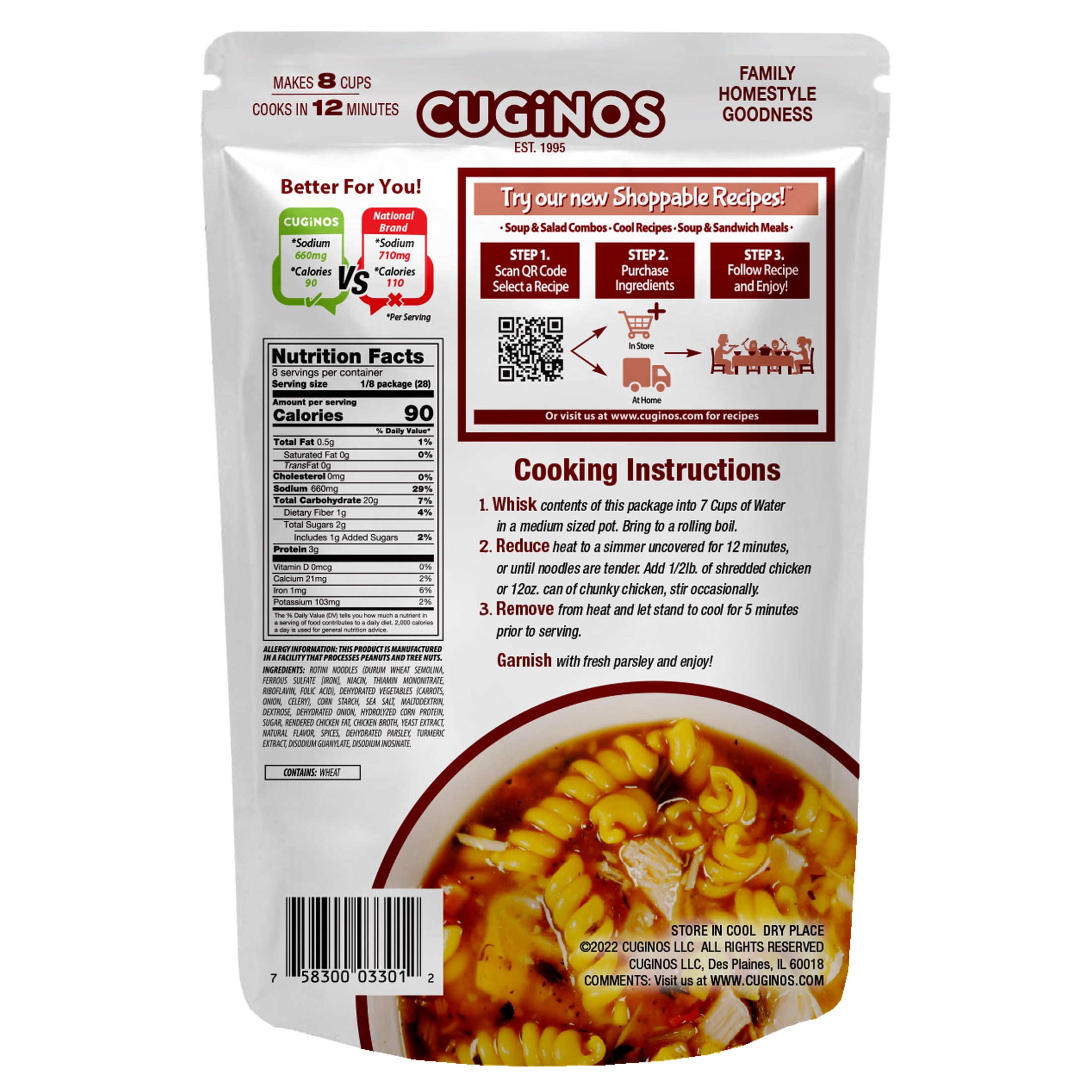 (6 pack) Cuginos Quick Meal Chicken Noodle Dried Soup Mix, 7.5oz Family Size Pouch, Makes 8 Hearty Cups