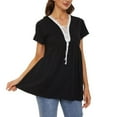 thumbnail image 1 of Pompotops Femmes T-shirt Décontracté Solide V-Cou Dentelle Patchwork Manches Courtes Chemisier Tops, 1 of 6