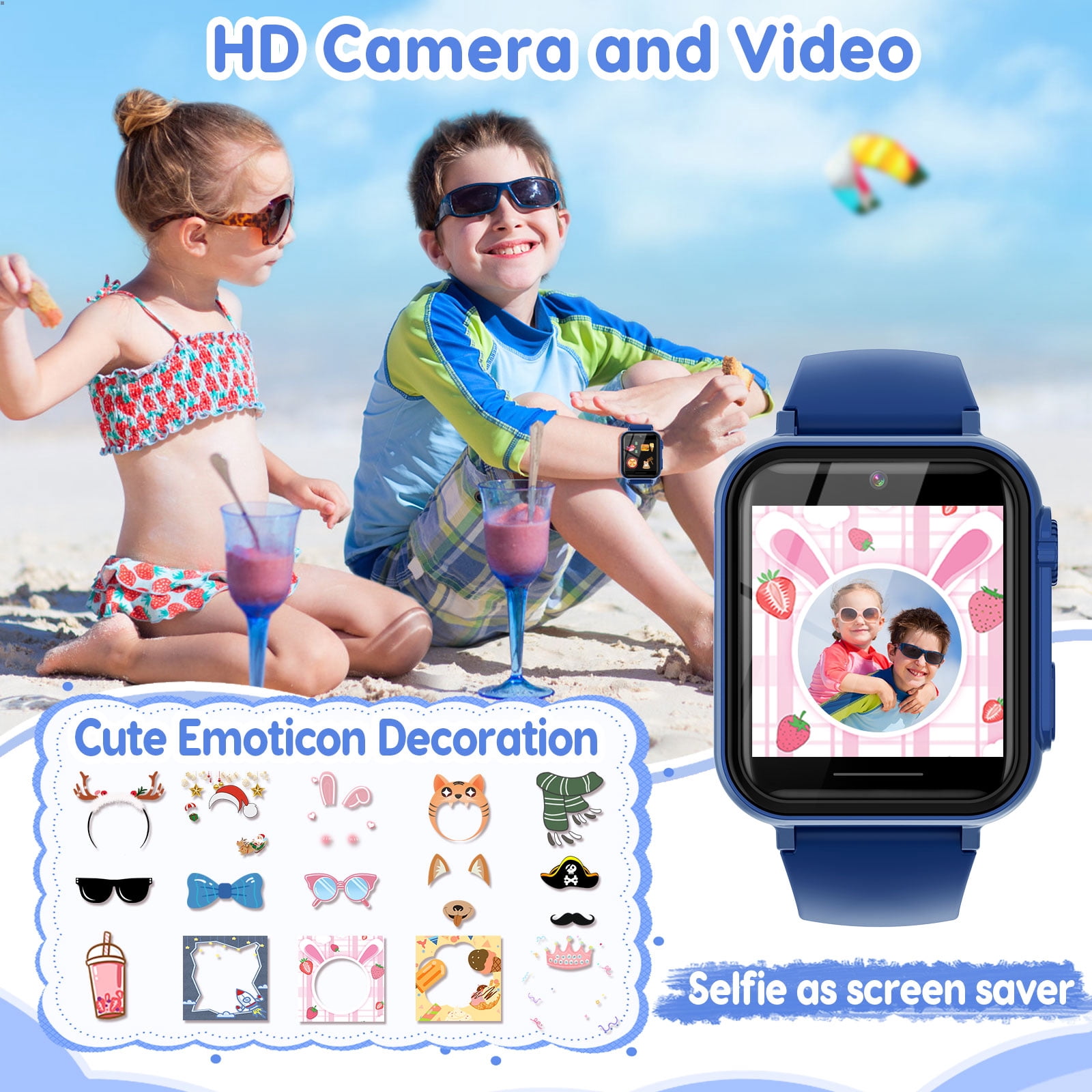Eurhowing Kids Smart Watch Age 3-12, 31 Games, Learning Cards, HD Touch Screen, Camera, Music, Audiobook, Pedometer, Fun & Educational Birthday Gift Idea, Blue