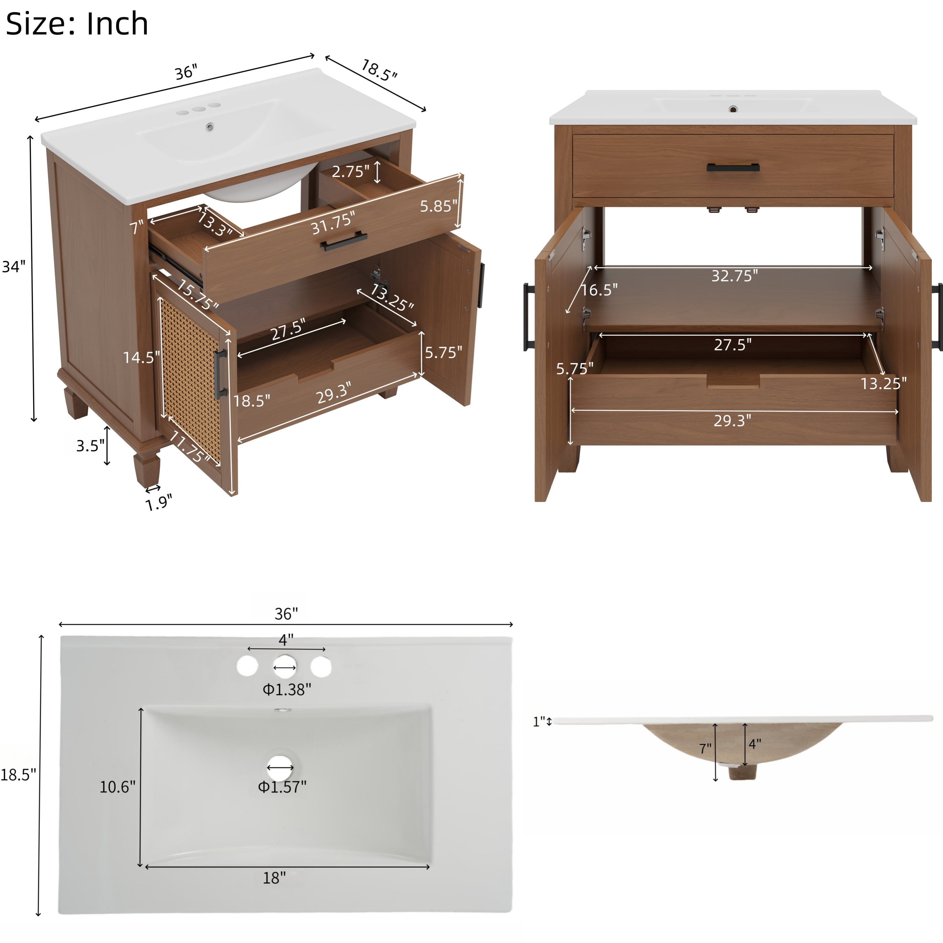 Euroco 36" Bathroom Vanity with Handwoven Rattan Doors, Vitreous Ceramic Sink, Soft-Close Drawers & Solid Fir Wood Legs – Widespread Faucet Compatible