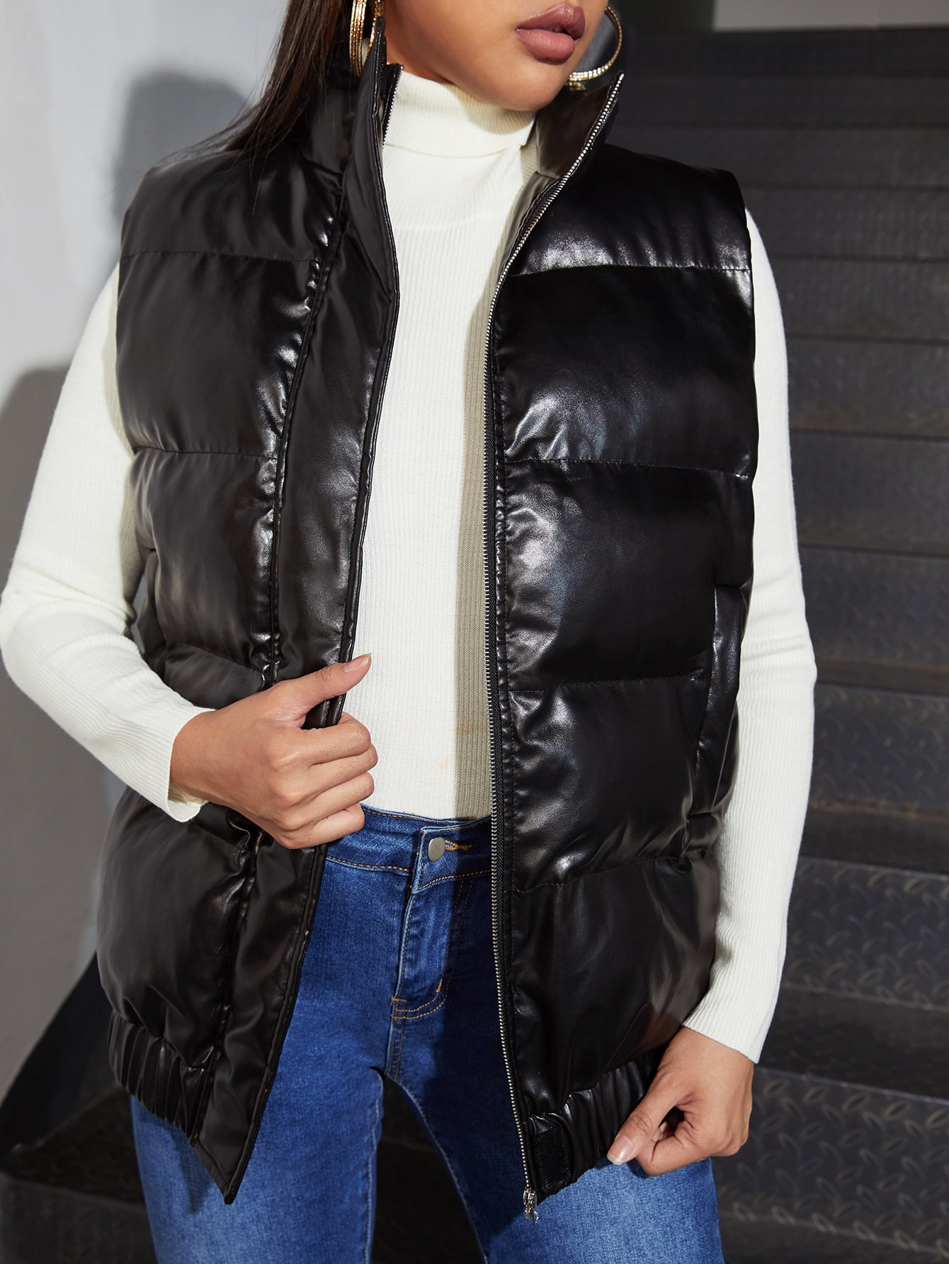 Women's Zip Up PU Leather Puffer Vest 