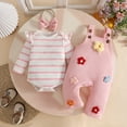 thumbnail image 2 of Emitonse Toddler Child Girls Outfit Sets Baby Girl Outfits Ruffled Short Sleeves Bodysuit Floral Embroidered Overall Short Sets With Bowknot Headband Pink,Size 6-12 Months, 2 of 9