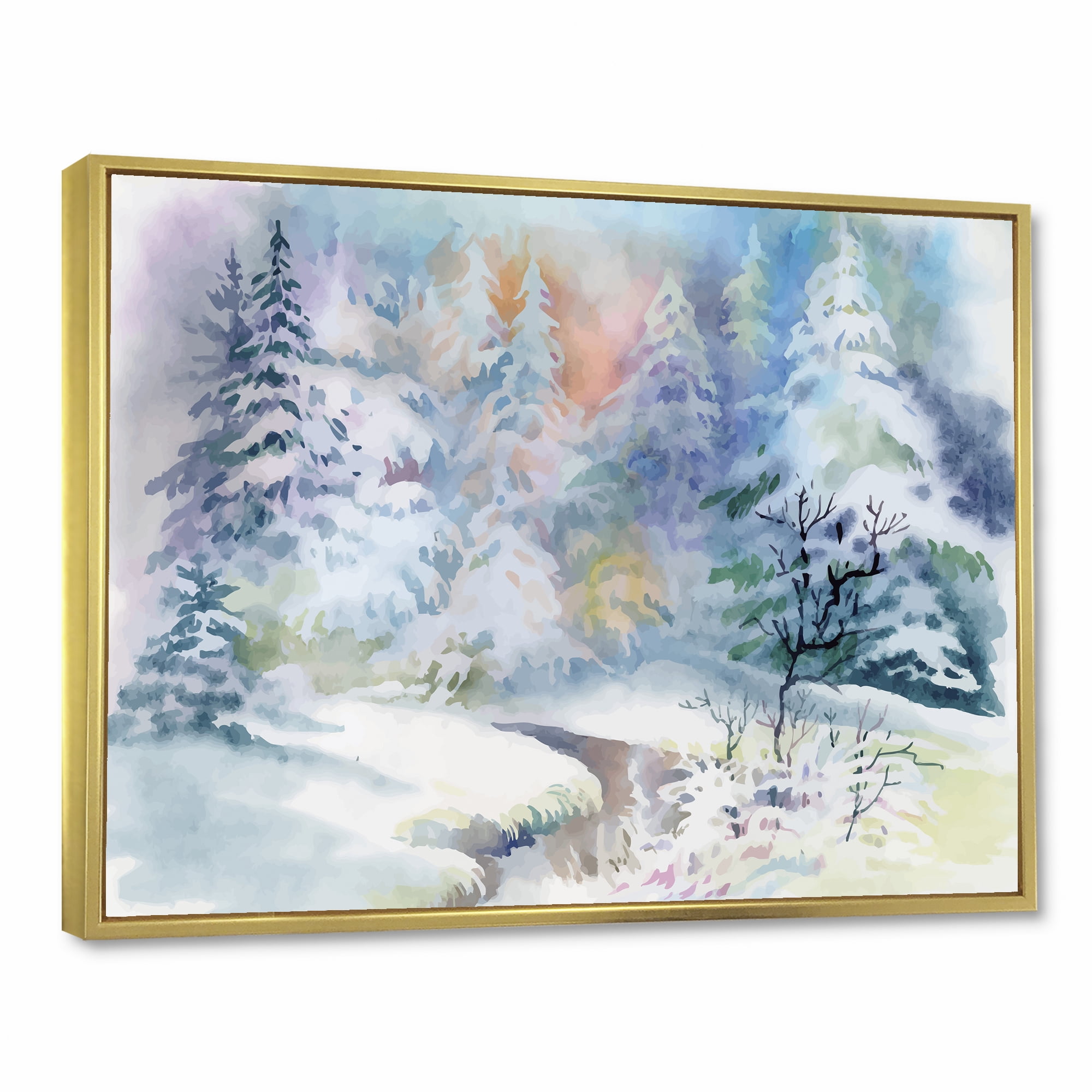 Designart 'Snowy River With Winter Landscape' Traditional Framed Canvas Wall Art Print
