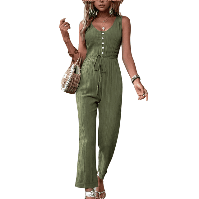 Elegantes de Verano para Mujer, Sin Mangas, con Cuello en U, Informales, de Pierna y Pantalones Largos 2025, Verde , Talla M