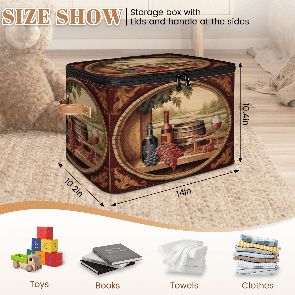 CURLYOOT Vintage Wine Theme Storage Bin with Zipper Lid, Fabric Decorative Lidded Storage Baskets Boxes, Foldable Organizer Container Basket for Bedroom Closet Shelf